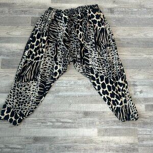 MiraMax Black Beige Animal Print Harem Pants Drawstring Waist Q49